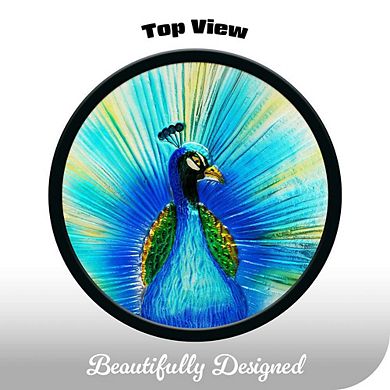 G128 12 in Round Glass Outdoor Side Table Peacock Pattern, Decorative Plant Stand, Small End Table