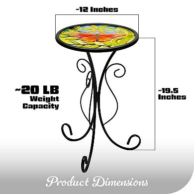 G128 12 in Round Glass Outdoor Side Table Butterfly Pattern, Decorative Plant Stand, Small End Table