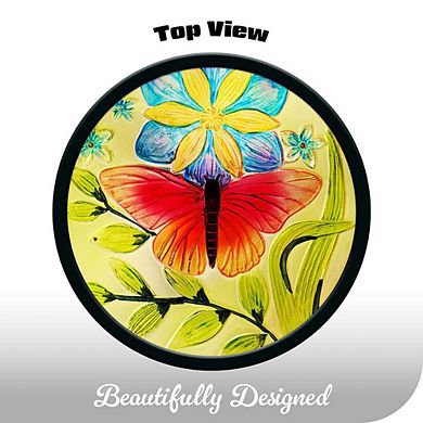 G128 12 in Round Glass Outdoor Side Table Butterfly Pattern, Decorative Plant Stand, Small End Table