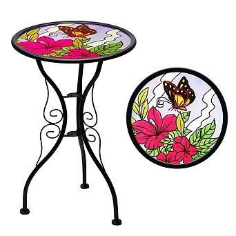 G128 14 in Round Glass Outdoor Side Table Butterfly Floral Pattern, Plant Stand, Small End Table