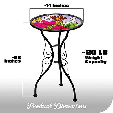 G128 14 in Round Glass Outdoor Side Table Butterfly Floral Pattern, Plant Stand, Small End Table