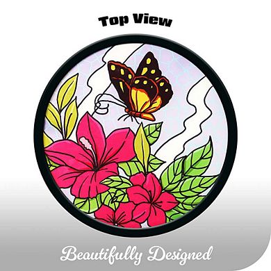 G128 14 in Round Glass Outdoor Side Table Butterfly Floral Pattern, Plant Stand, Small End Table