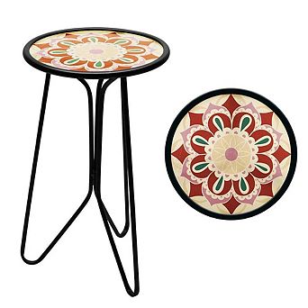 G128 12 in Round Glass Outdoor Side Table Purple Mandala Pattern, Plant Stand, Small End Table