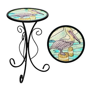 G128 12 in Round Glass Outdoor Side Table Pelican Pattern, Decorative Plant Stand, Small End Table