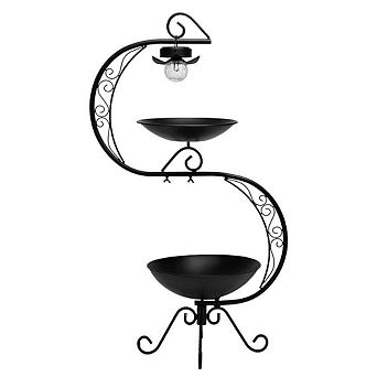G128 36 Inch Height 2 tier Bird Bath with Flower Planter Pedestal & Solar Lighting Lamp
