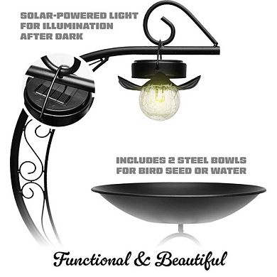 G128 36 Inch Height 2-Tier Bird Bath with Flower Planter Pedestal & Solar Lighting Lamp