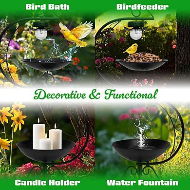 G128 36 Inch Height 2-Tier Bird Bath with Flower Planter Pedestal & Solar Lighting Lamp