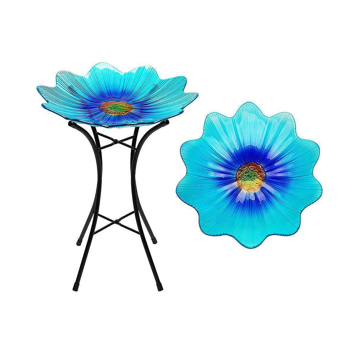 G128 19 Inch Height Glass Blue Bird Baths Bird Feeder with Metal Stand