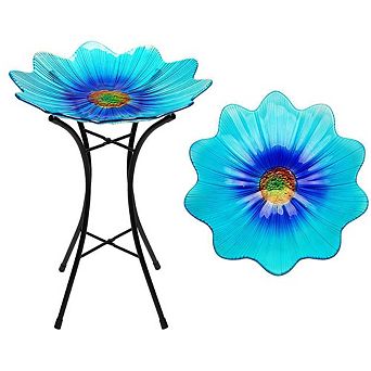 G128 19 Inch Height Glass Blue Bird Baths Bird Feeder with Metal Stand