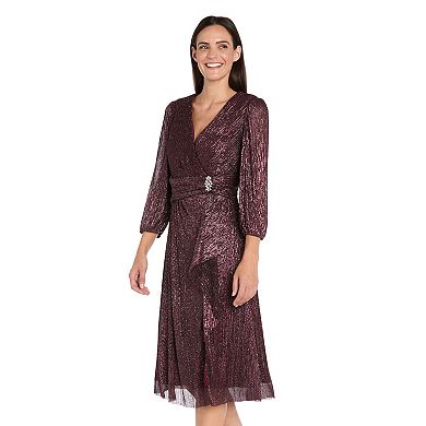 Women's R&M Richards 3/4 Sleeves V-Neck Crinkle Dress