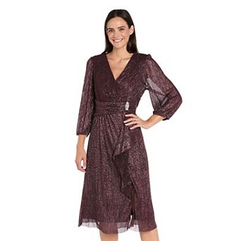 Women's R&M Richards 3/4 Sleeves V-Neck Crinkle Dress
