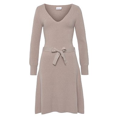 Lascana Women's V-Neck Belted Sweater Dress