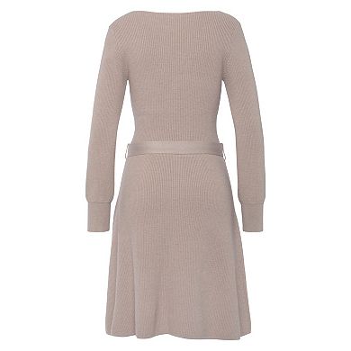 Lascana Women's V-Neck Belted Sweater Dress