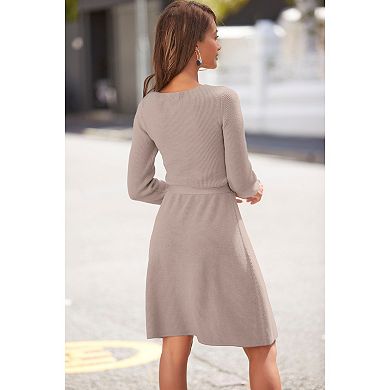 Lascana Women's V-Neck Belted Sweater Dress