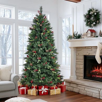 6FT Pre-Lit Xmas Tree - Warm White Incandescent Lights, Red Cone