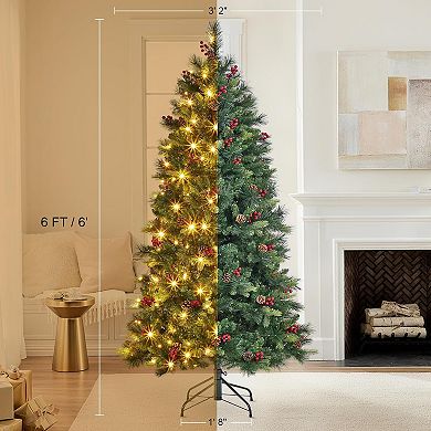 6FT Pre-Lit Xmas Tree - Warm White Incandescent Lights, Red Cone
