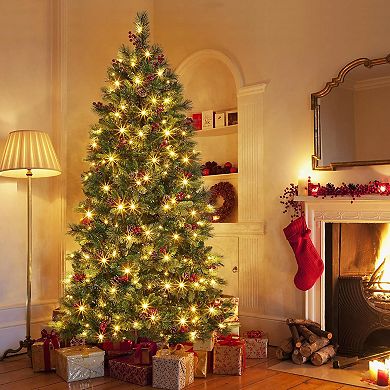 6FT Pre-Lit Xmas Tree - Warm White Incandescent Lights, Red Cone