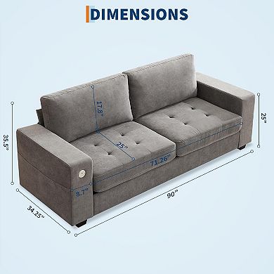 90" Loveseat Sofa, Cloud Couch with USB/Type-C Ports, Removable Covers, Solid Wood, Gray