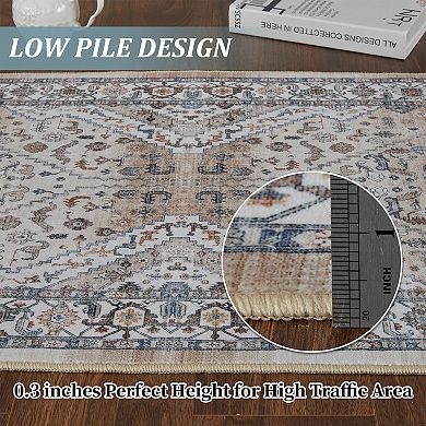 Washable Area Rug Vintage Floral Carpet Non-Slip Low Pile Rugs for Living Room Bedroom