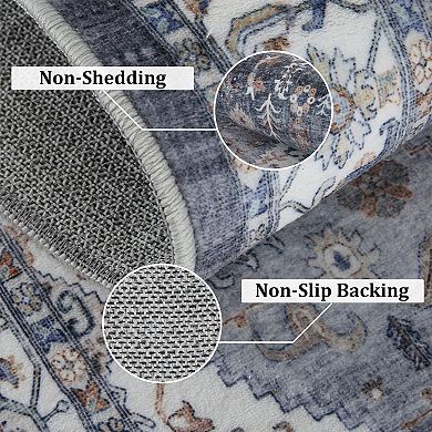 Washable Area Rug Vintage Floral Carpet Non-Slip Low Pile Rugs for Living Room Bedroom