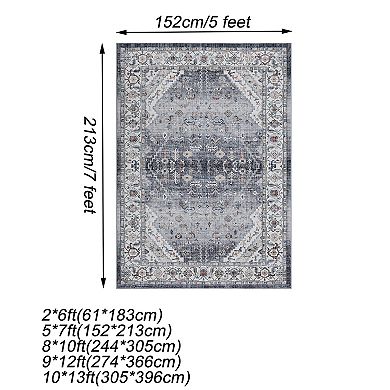 Washable Area Rug Vintage Floral Carpet Non-Slip Low Pile Rugs for Living Room Bedroom