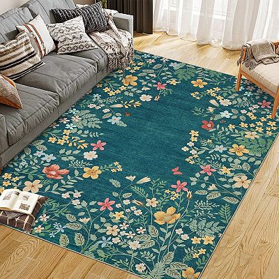 Washable Botanical Area Rugs Runner Rugs,Vintage Floral Carpet for