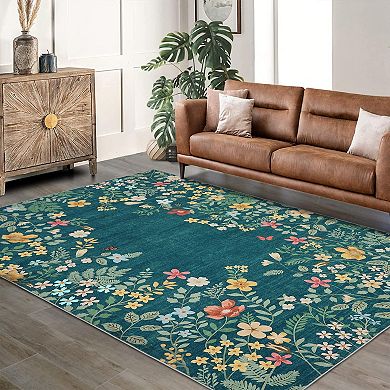 Washable Botanical Area Rugs Runner Rugs,Vintage Floral Carpet for Living Room Bedroom Dining Room