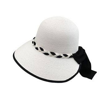 Women's Wide Brim Straw Hat with Braided Band and Contrast Bow Detail