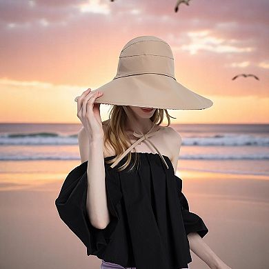 Wide Brim Sun Hat with Ponytail Hole Neck Tie Closure and Patterned Lining