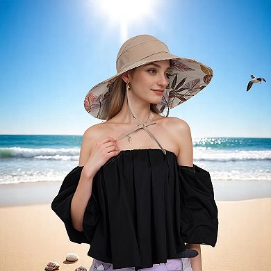 Wide Brim Sun Hat with Ponytail Hole Neck Tie Closure and Patterned Lining
