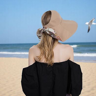 Wide Brim Sun Hat with Ponytail Hole Neck Tie Closure and Patterned Lining