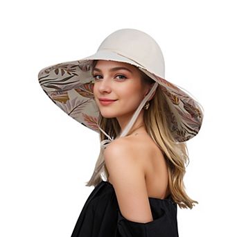 Wide Brim Sun Hat with Ponytail Hole Neck Tie Closure and Patterned Lining