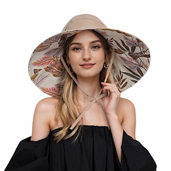 Wide Brim Sun Hat with Ponytail Hole Neck Tie Closure and Patterned Lining