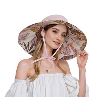 Wide Brim Sun Hat with Ponytail Hole Neck Tie Closure and Patterned Lining