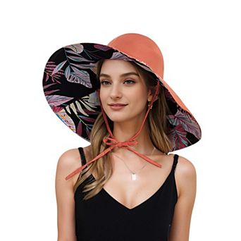 Wide Brim Sun Hat with Ponytail Hole Neck Tie Closure and Patterned Lining