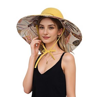 Wide Brim Sun Hat with Ponytail Hole Neck Tie Closure and Patterned Lining