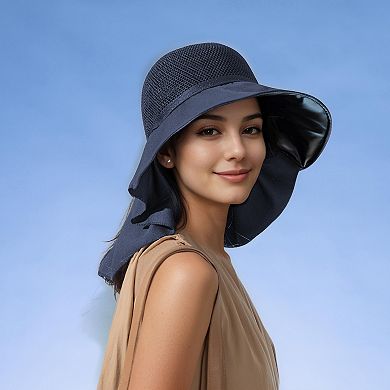 Womens Mesh Panel Wide Brim Sun Hat with Back Flap UV Protection and Tie Detail