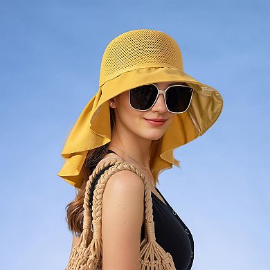 Womens Mesh Panel Wide Brim Sun Hat with Back Flap UV Protection and Tie Detail