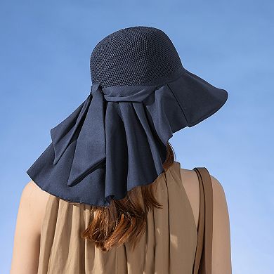 Womens Mesh Panel Wide Brim Sun Hat with Back Flap UV Protection and Tie Detail