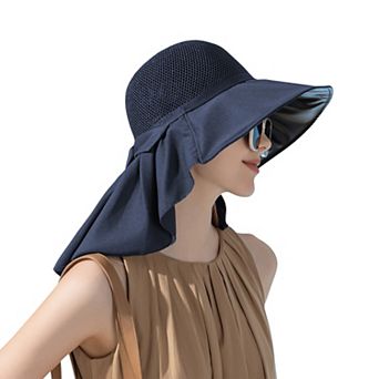 Womens Mesh Panel Wide Brim Sun Hat with Back Flap UV Protection and Tie Detail