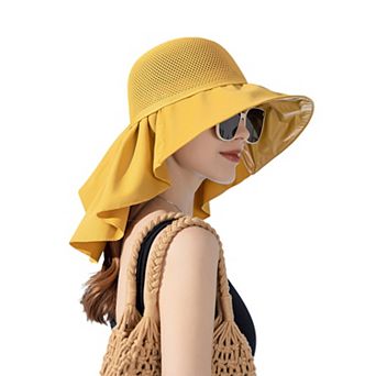 Womens Mesh Panel Wide Brim Sun Hat with Back Flap UV Protection and Tie Detail