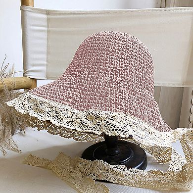 Women's Crochet Straw Hat with Lace Trim and Bow Detail