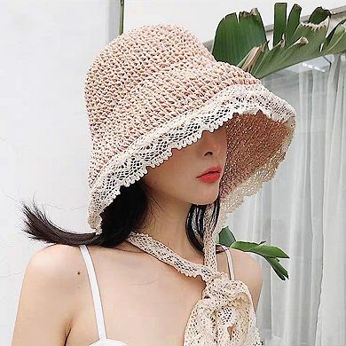 Women's Crochet Straw Hat with Lace Trim and Bow Detail