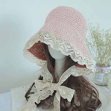 Women's Crochet Straw Hat with Lace Trim and Bow Detail