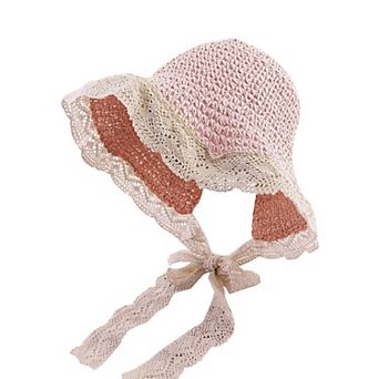 Women's Crochet Straw Hat with Lace Trim and Bow Detail