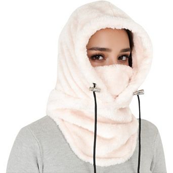 Women's Faux Shearling Hooded Scarf with Adjustable Drawstrings and Extended Neck Coverage