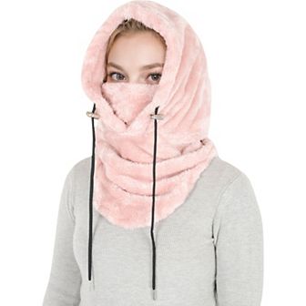 Women's Faux Shearling Hooded Scarf with Adjustable Drawstrings and Extended Neck Coverage