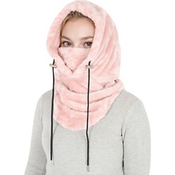 Women's Faux Shearling Hooded Scarf with Adjustable Drawstrings and Extended Neck Coverage