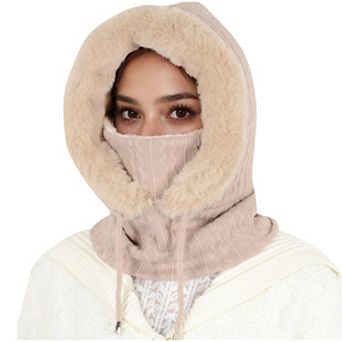 Women's Faux Fur Lined Knit Hooded Scarf with Adjustable Drawstring and Full Coverage