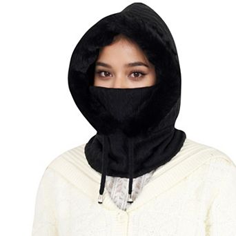 Women's Faux Fur Lined Knit Hooded Scarf with Adjustable Drawstring and Full Coverage